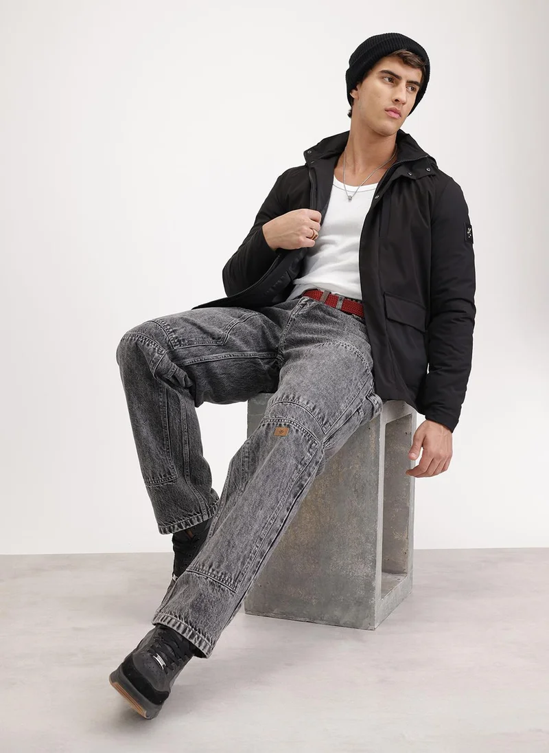 Wrogn Slim Fit Double Pocket Hooded Jacket  | Black